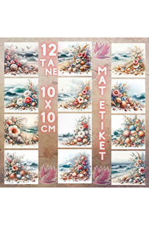 Deniz Kabukları ve Çiçekler Vintage 12 Adet Scrapbook Bullet Journal Mat Planlı Sticker Etiket Set