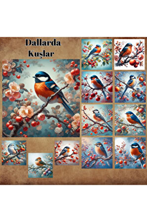 Dallarda Kuşlar Vintage 12 Adet Scrapbook Bullet Journal Mat Planlayıcı Sticker Etiket Seti