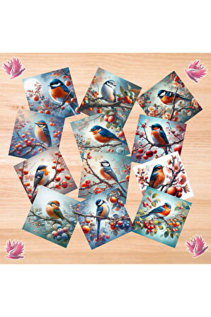 Dallarda Kuşlar Vintage 12 Adet Scrapbook Bullet Journal Mat Planlayıcı Sticker Etiket Seti