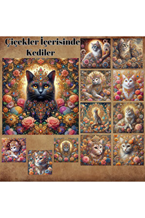 Çiçekler İçerisinde Kediler Vintage 12 Adet Scrapbook Bullet Journal Mat Planlı Sticker Etiket Seti