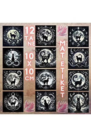Ayın Önünde Kedi Silüetleri Vintage 12 Adet Scrapbook Bullet Journal Mat Planlı Sticker Etiket Seti