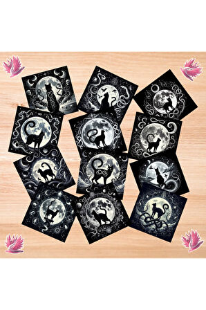 Ayın Önünde Kedi Silüetleri Vintage 12 Adet Scrapbook Bullet Journal Mat Planlı Sticker Etiket Seti