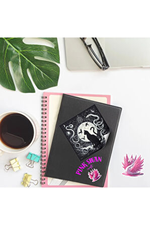 Ayın Önünde Kedi Silüetleri Vintage 12 Adet Scrapbook Bullet Journal Mat Planlı Sticker Etiket Seti