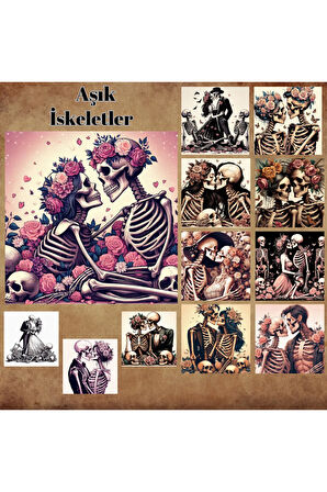 Aşık İskeletler Vintage 12 Adet Scrapbook Bullet Journal Mat Planlayıcı Sticker Etiket Seti