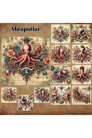 Ahtapotlar Vintage 12 Adet Scrapbook Bullet Journal Mat Planlayıcı Sticker Etiket Seti