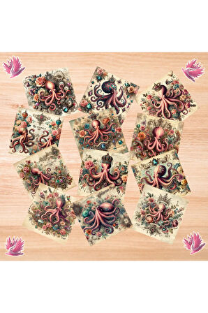 Ahtapotlar Vintage 12 Adet Scrapbook Bullet Journal Mat Planlayıcı Sticker Etiket Seti