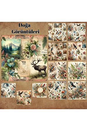 Doğa Görüntüleri Vintage 12 Adet Scrapbook Bullet Journal Mat Planlayıcı Sticker Etiket Seti