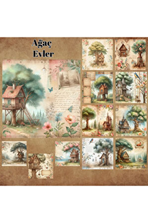 Ağaç Evler Vintage 12 Adet Scrapbook Bullet Journal Mat Planlayıcı Sticker Etiket Seti