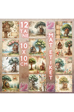 Ağaç Evler Vintage 12 Adet Scrapbook Bullet Journal Mat Planlayıcı Sticker Etiket Seti