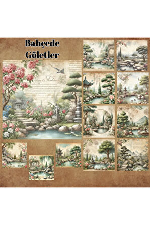 Bahçede Göletler Vintage 12 Adet Scrapbook Bullet Journal Mat Planlayıcı Sticker Etiket Seti