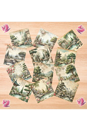 Bahçede Göletler Vintage 12 Adet Scrapbook Bullet Journal Mat Planlayıcı Sticker Etiket Seti