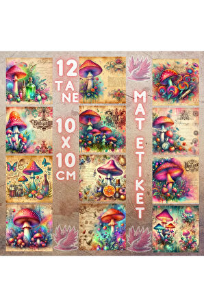 Neon Mantarlar Vintage 12 Adet Scrapbook Bullet Journal Mat Planlayıcı Sticker Etiket Seti