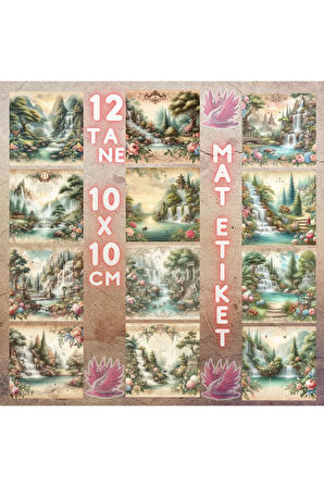 Şelaleli Bahçeler Vintage 12 Adet Scrapbook Bullet Journal Mat Planlayıcı Sticker Etiket Seti