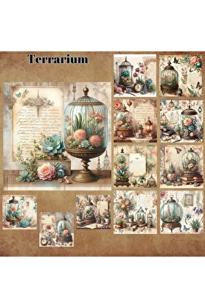 Terrarium Vintage 12 Adet Scrapbook Bullet Journal Mat Planlayıcı Sticker Etiket Seti