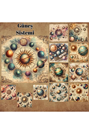Güneş Sistemi Vintage 12 Adet Scrapbook Bullet Journal Mat Planlayıcı Sticker Etiket Seti