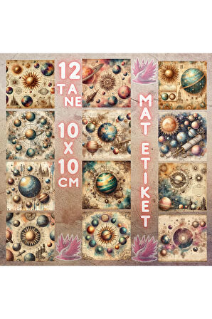 Güneş Sistemi Vintage 12 Adet Scrapbook Bullet Journal Mat Planlayıcı Sticker Etiket Seti