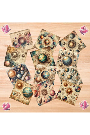 Güneş Sistemi Vintage 12 Adet Scrapbook Bullet Journal Mat Planlayıcı Sticker Etiket Seti
