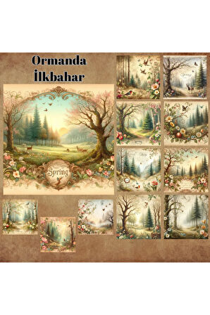 Ormanda İlkbahar Vintage 12 Adet Scrapbook Bullet Journal Mat Planlayıcı Sticker Etiket Seti