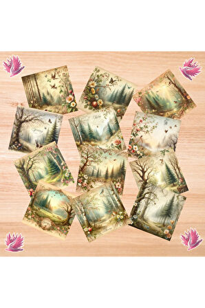 Ormanda İlkbahar Vintage 12 Adet Scrapbook Bullet Journal Mat Planlayıcı Sticker Etiket Seti