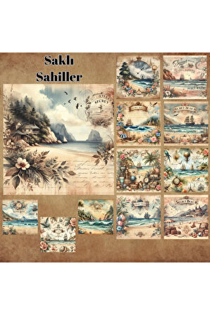 Saklı Sahiller Vintage 12 Adet Scrapbook Bullet Journal Mat Planlayıcı Sticker Etiket Seti
