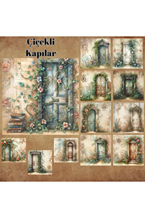 Çiçekli Kapılar Vintage 12 Adet Scrapbook Bullet Journal Mat Planlayıcı Sticker Etiket Seti
