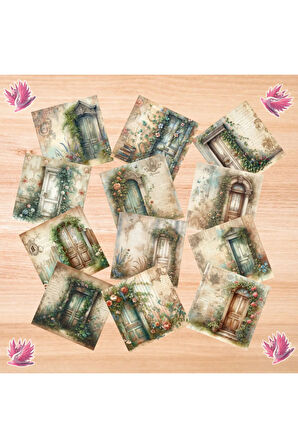 Çiçekli Kapılar Vintage 12 Adet Scrapbook Bullet Journal Mat Planlayıcı Sticker Etiket Seti