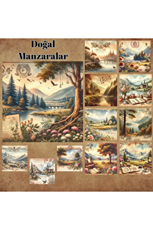 Doğal Manzaralar Vintage 12 Adet Scrapbook Bullet Journal Mat Planlayıcı Sticker Etiket Seti