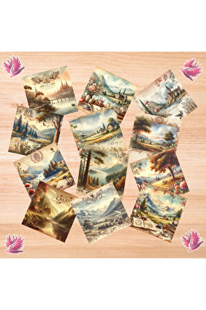 Doğal Manzaralar Vintage 12 Adet Scrapbook Bullet Journal Mat Planlayıcı Sticker Etiket Seti