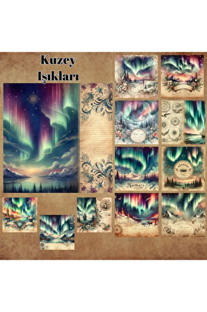 Kuzey Işıkları Vintage 12 Adet Scrapbook Bullet Journal Mat Planlayıcı Sticker Etiket Seti