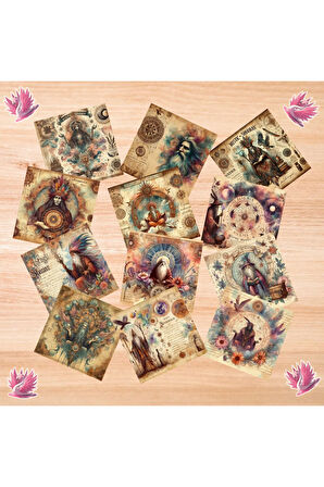 Mistik Şamanlar Vintage 12 Adet Scrapbook Bullet Journal Mat Planlayıcı Sticker Etiket Seti