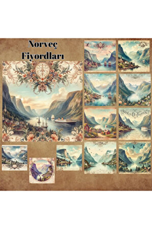 Norveç Fiyordları Vintage 12 Adet Scrapbook Bullet Journal Mat Planlayıcı Sticker Etiket Seti