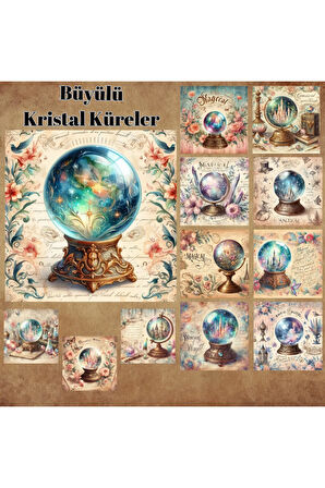 Büyülü Kristal Küreler Vintage 12 Adet Scrapbook Bullet Journal Mat Planlayıcı Sticker Etiket Seti