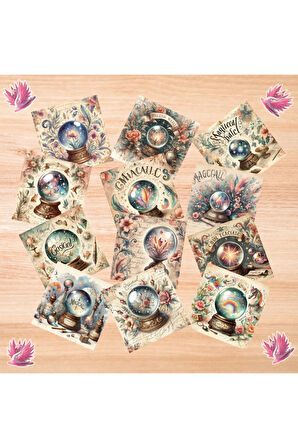 Büyülü Kristal Taşlar Vintage 12 Adet Scrapbook Bullet Journal Mat Planlayıcı Sticker Etiket Seti