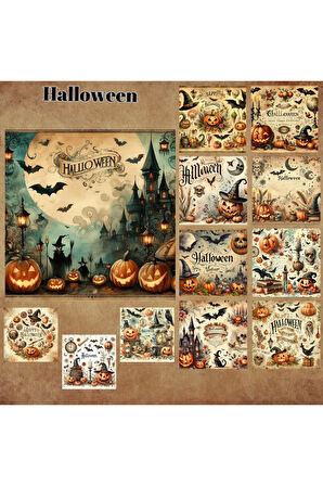 Halloween Vintage 12 Adet Scrapbook Bullet Journal Mat Planlayıcı Sticker Etiket Seti