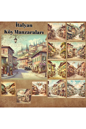 İtalyan Köy Manzaraları Vintage 12 Adet Scrapbook Bullet Journal Mat Planlayıcı Sticker Etiket Seti