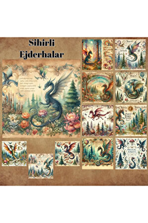 Sihirli Ejderhalar Vintage 12 Adet Scrapbook Bullet Journal Mat Planlayıcı Sticker Etiket Seti