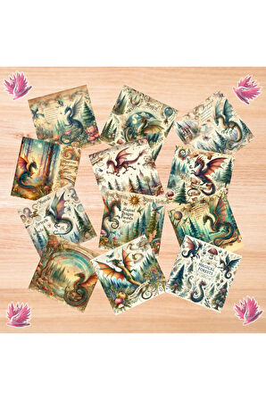 Sihirli Ejderhalar Vintage 12 Adet Scrapbook Bullet Journal Mat Planlayıcı Sticker Etiket Seti