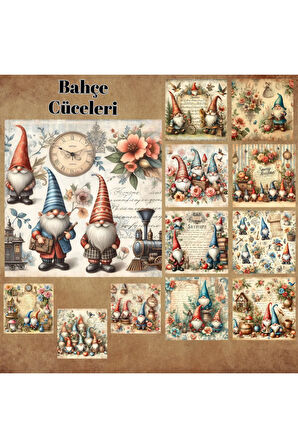 Bahçe Cüceleri Vintage 12 Adet Scrapbook Bullet Journal Mat Planlayıcı Sticker Etiket Seti