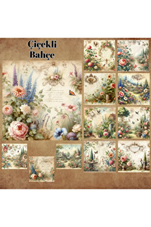 Çiçekli Bahçeler Vintage 12 Adet Scrapbook Bullet Journal Mat Planlayıcı Sticker Etiket Seti