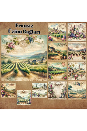 Fransız Üzüm Bağları Vintage 12 Adet Scrapbook Bullet Journal Mat Planlayıcı Sticker Etiket Seti