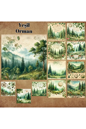 Yeşil Ormanlar Vintage 12 Adet Scrapbook Bullet Journal Mat Planlayıcı Sticker Etiket Seti