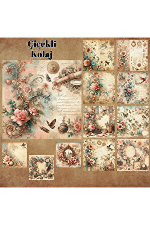 Çiçekli Kolaj Vintage 12 Adet Scrapbook Bullet Journal Mat Planlayıcı Sticker Etiket Seti
