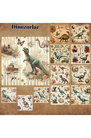 Dinozorlar Vintage 12 Adet Scrapbook Bullet Journal Mat Planlayıcı Sticker Etiket Seti