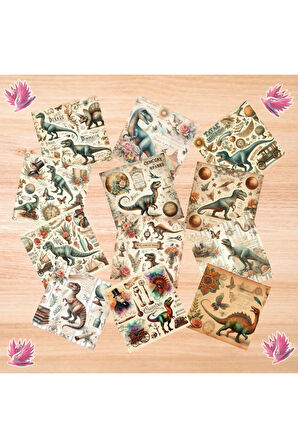 Dinozorlar Vintage 12 Adet Scrapbook Bullet Journal Mat Planlayıcı Sticker Etiket Seti