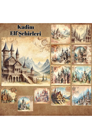 Kadim Elf Şehirleri Vintage 12 Adet Scrapbook Bullet Journal Mat Planlayıcı Sticker Etiket Seti