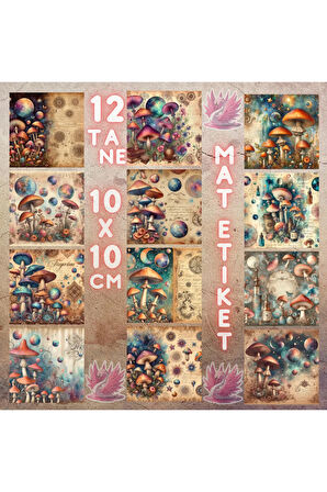 Kozmik Mantarlar Vintage 12 Adet Scrapbook Bullet Journal Mat Planlayıcı Sticker Etiket Seti