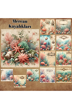 Mercan Kayalıkları Vintage 12 Adet Scrapbook Bullet Journal Mat Planlayıcı Sticker Etiket Seti