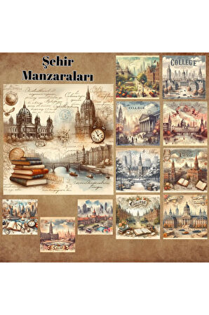Şehir Manzaraları Vintage 12 Adet Scrapbook Bullet Journal Mat Planlayıcı Sticker Etiket Seti