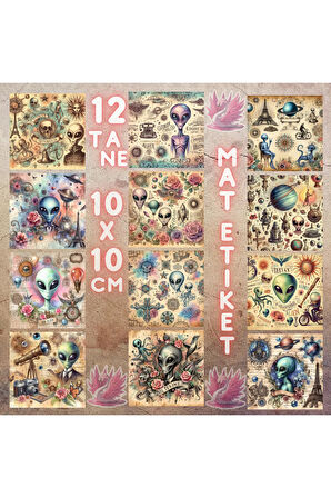 Uzaylı Temalı Vintage 12 Adet Scrapbook Bullet Journal Mat Planlayıcı Sticker Etiket Seti