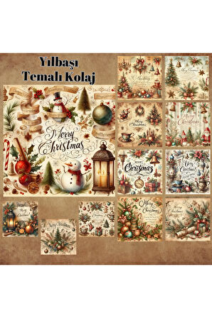 Yılbaşı Temalı Kolaj Vintage 12 Adet Scrapbook Bullet Journal Mat Planlayıcı Sticker Etiket Seti